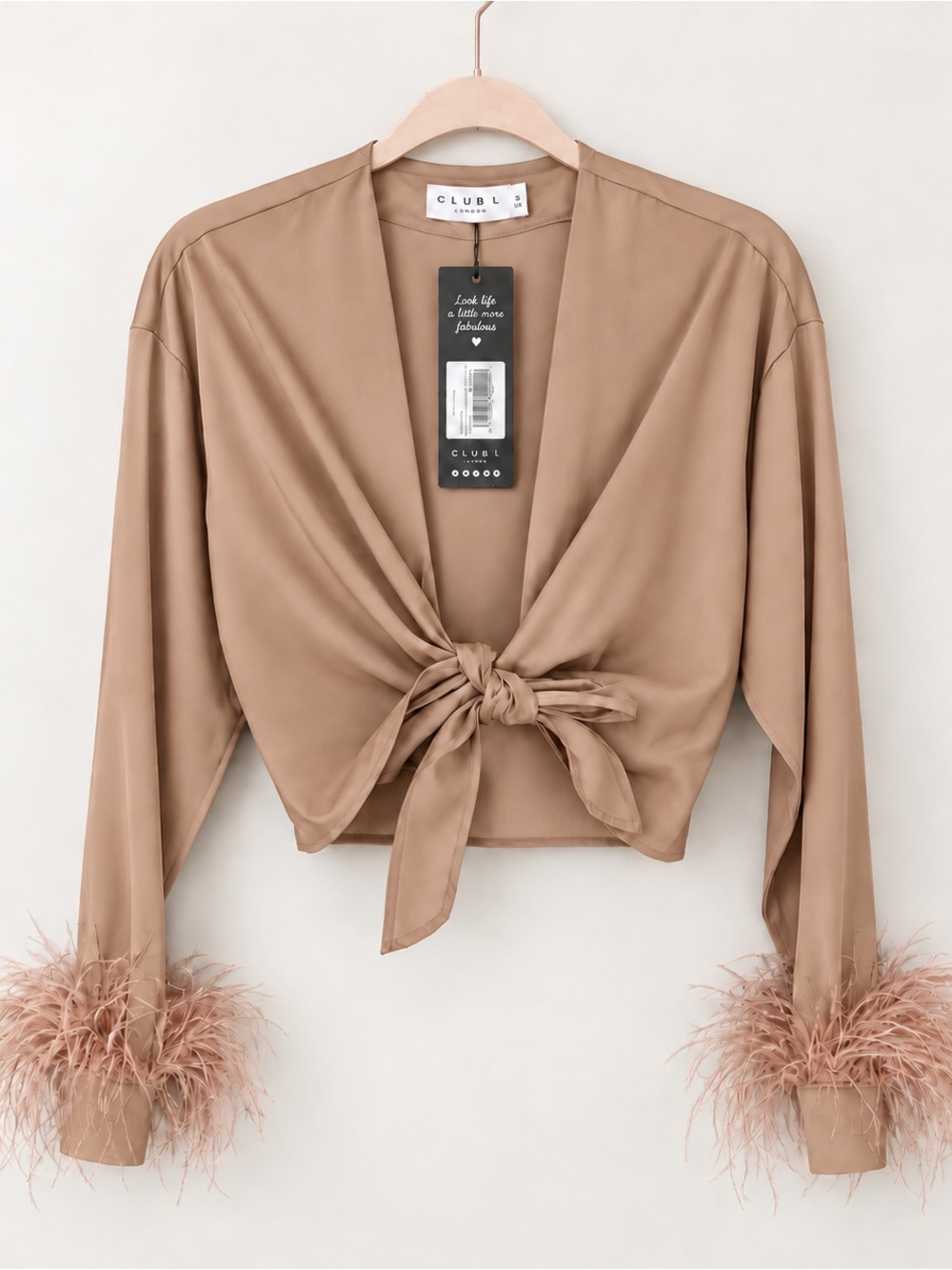 Club L London Beauty Pie Latte Satin Tie Front Feather Cuff Top NWT US 4